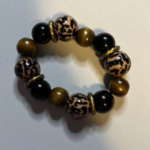 Chunky Wooden Bead Stretch Bracelet Animal Print Brown Tones